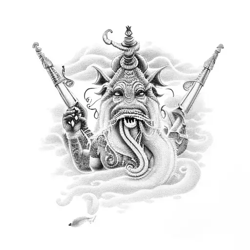 sea, navy, sea monster, god shiva workship, mom and dad, war and peace, hardship and luck, lost love on chest and sholde tattoo design idea