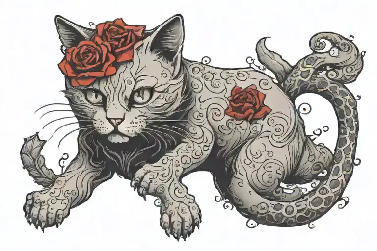  ghost cat holding a red rose tattoo design idea