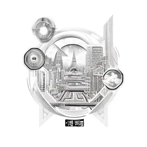 A realistic depiction of the BTS logo with a backdrop of a Korean cityscape tattoo design idea