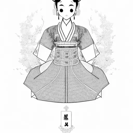 A dotwork tattoo of a traditional Korean hanbok with lyrics from BTS songs incorporated into the design tattoo design idea