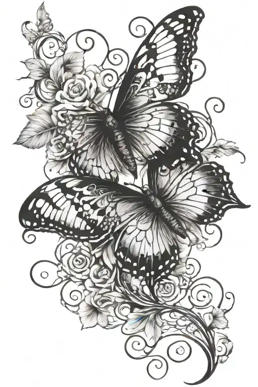 Back tattoo with butterfly’s and vines in a lace print with a snake slithering through the vines in black and white tattoo design idea