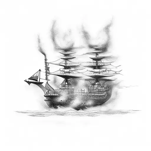 a ship at sea on fire tattoo design idea