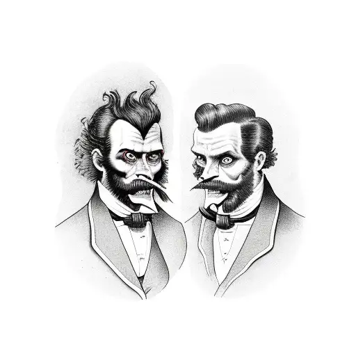 A traditional style portrait of Dr. Jekyll and Mr. Hyde facing each other, with fire and smoke in the background tattoo design idea