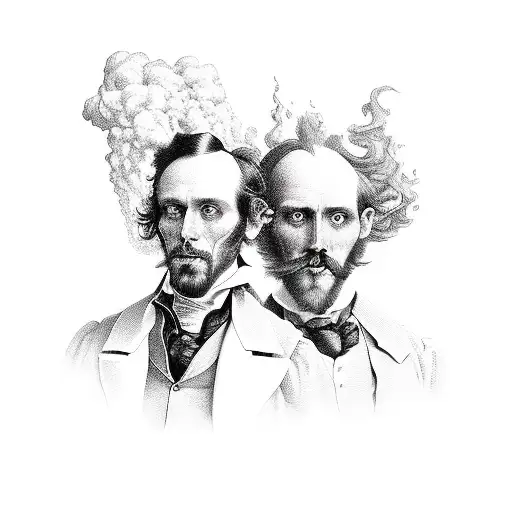 A traditional style portrait of Dr. Jekyll and Mr. Hyde facing each other, with fire and smoke in the background tattoo design idea