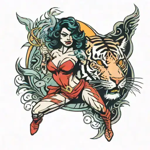A tattoo design featuring a powerful female superhero inspired by Chicas superpoderosas, surrounded by phrases hot, set against a nighttime backdrop, with a tiger of Bengal lurking in the shadows tattoo design idea