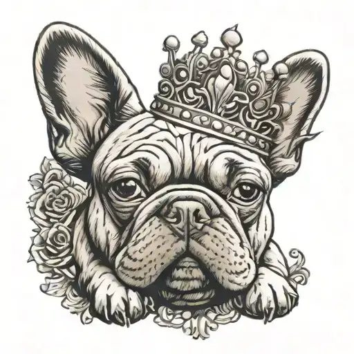 Design a tattoo showcasing a French Bulldog wearing a crown, surrounded by intricate patterns symbolizing loyalty and love for family tattoo design idea