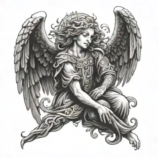 Design a tattoo showcasing God or an Angel, surrounded by intricate patterns symbolizing loyalty and love for family tattoo design idea