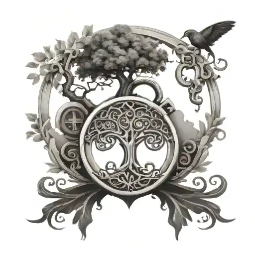 Create a tattoo symbolizing the bond between God, family, and entrepreneurship, with a tree of life intertwined with a key and lock tattoo design idea