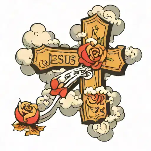 Cross with clouds behind it and to the right it says "let jesus guide you" tattoo design idea