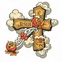 Cross with clouds behind it and to the right it says "let jesus guide you" tattoo design idea