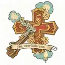 Cross with clouds behind it and to the right it says "let jesus guide you" tattoo design idea