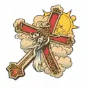 Cross with clouds behind it and to the right it says "let jesus guide you" tattoo design idea