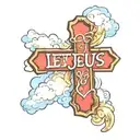 Cross with clouds behind it and to the right it says "let jesus guide you" tattoo design idea