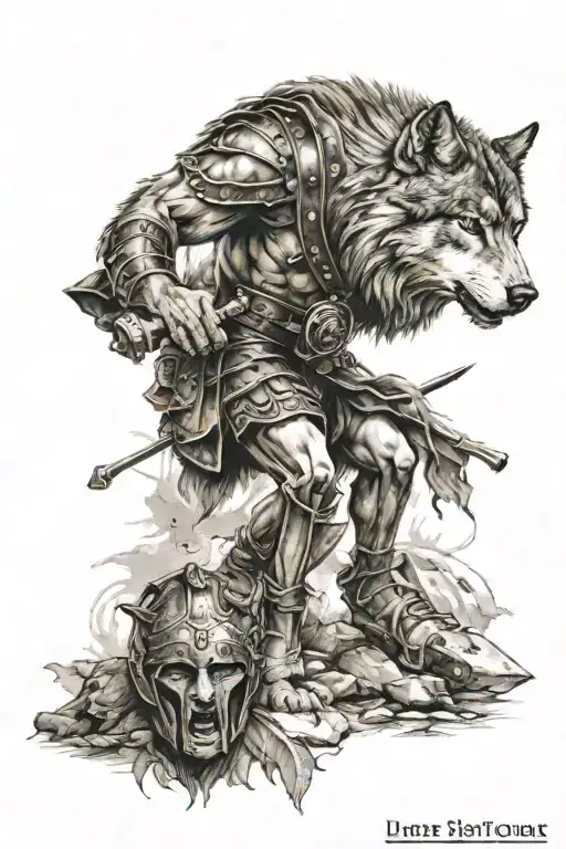 wolf and Roman gladiator tattoo design idea