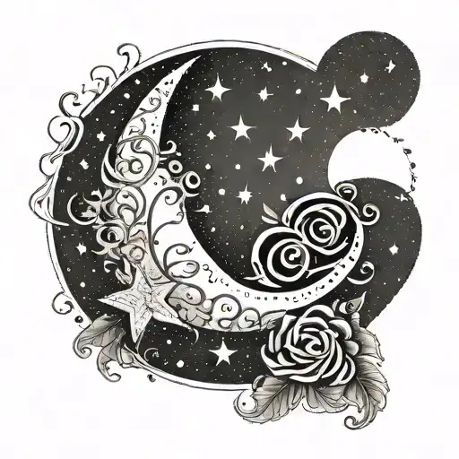 An elegant script of her name and birthdate entwined with a celestial moon and stars tattoo design idea