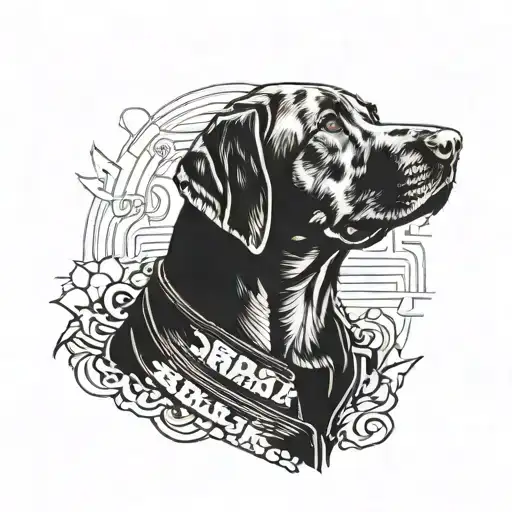 Labrador dog wearing a punk leather jacket with Charles Bukowski's poetry written around it tattoo design idea