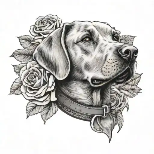 A black-grey tattoo of a labrador with a collar made of roses and gardenia tattoo design idea