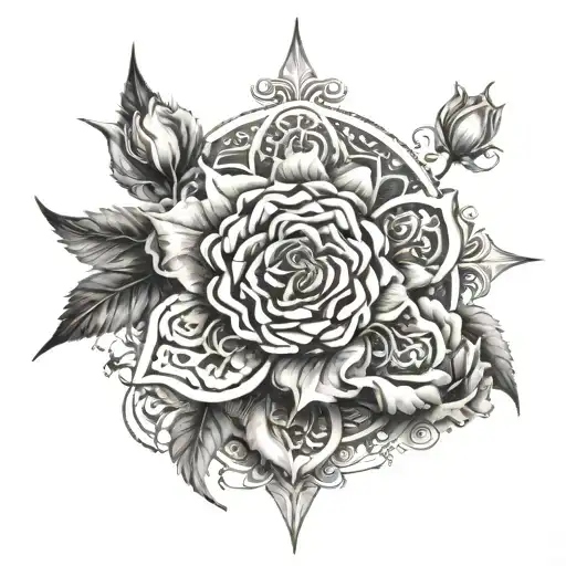 An intricate mandala design incorporating roses and a symmetrical cross tattoo design idea