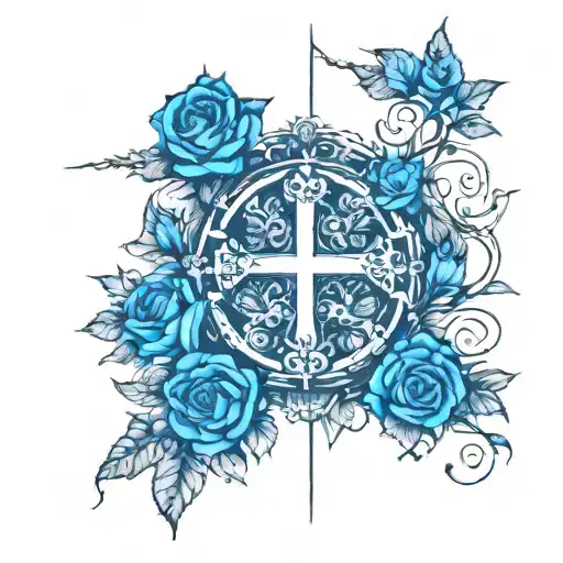 A mystical forest setting with roses blooming around a symmetrical cross tattoo design idea
