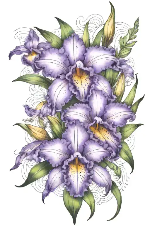 purple Iris and stargazer lilly flowers tattoo design idea