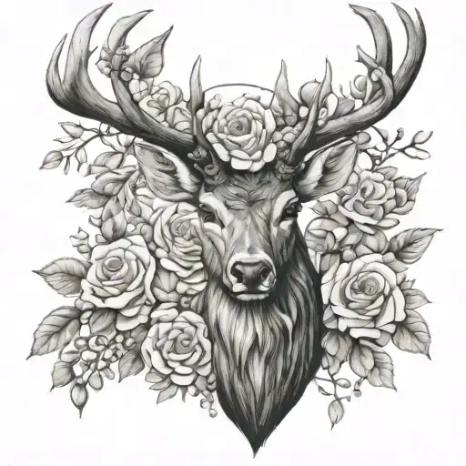 A black-grey tattoo of a majestic stag surrounded by roses and wisteria tattoo design idea