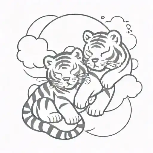 A cute little tiger and a big cloud hug each other and fall asleep tattoo design idea