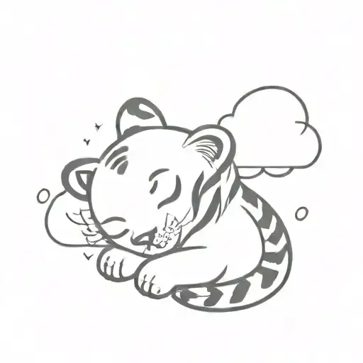 A cute little tiger and a cloud hug each other and fall asleep tattoo design idea