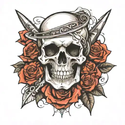 Sketch of a tattoo on the forearm of the skull and rose pierced with a dagger tattoo design idea