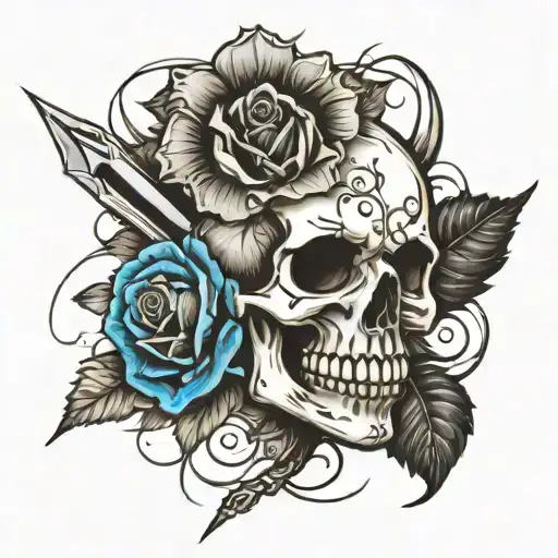 Sketch of a tattoo on the forearm of the skull and rose pierced with a dagger tattoo design idea