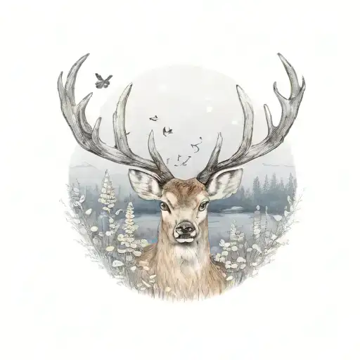 a deer with a butterfly on its nose in a meadow at night tattoo design idea