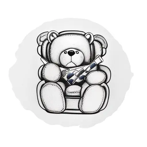  Teddy bear, wearing black cap sitting in armchair on top of the words "the years go by and time just seems to fly but  tattoo design idea