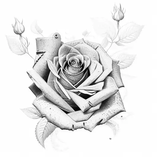A black and grey half-sleeve tattoo featuring a sprawling rose garden tattoo design idea