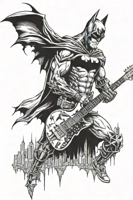 The figure of Batman playing a guitar, towering over Gotham in which chaos is happening tattoo design idea
