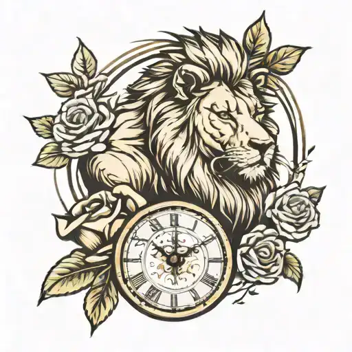 Lion clock rose wrapped tattoo design idea