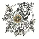 Lion clock rose wrapped tattoo design idea