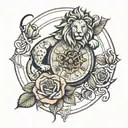 Lion clock rose wrapped tattoo design idea