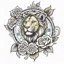 Lion clock rose wrapped tattoo design idea
