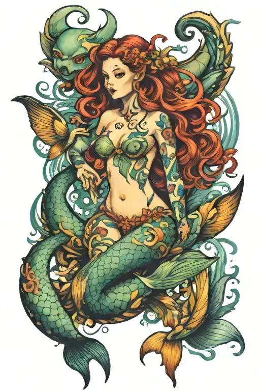 siren full body sea creatures tattoo design idea