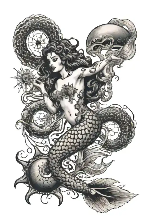 siren full body sea creatures black grey tattoo tattoo design idea
