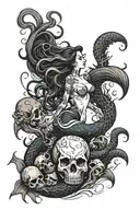 Dark mermaid, full body, surrounded by a tentacles in a turbulent sea. Skulls on the ocean floor. Black tattoo design idea