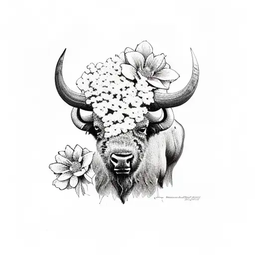 bison and flowers tattoo design idea