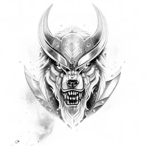 a viking weapon pierces trough a wolfhead tattoo design idea
