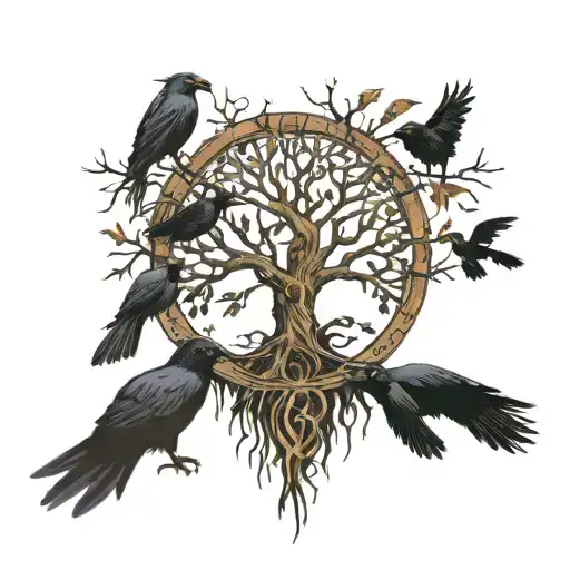 tree of life half dead half alive with crows and roots growing into a mouth tattoo design idea