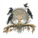 tree of life half dead half alive with crows and roots growing into a mouth tattoo design idea