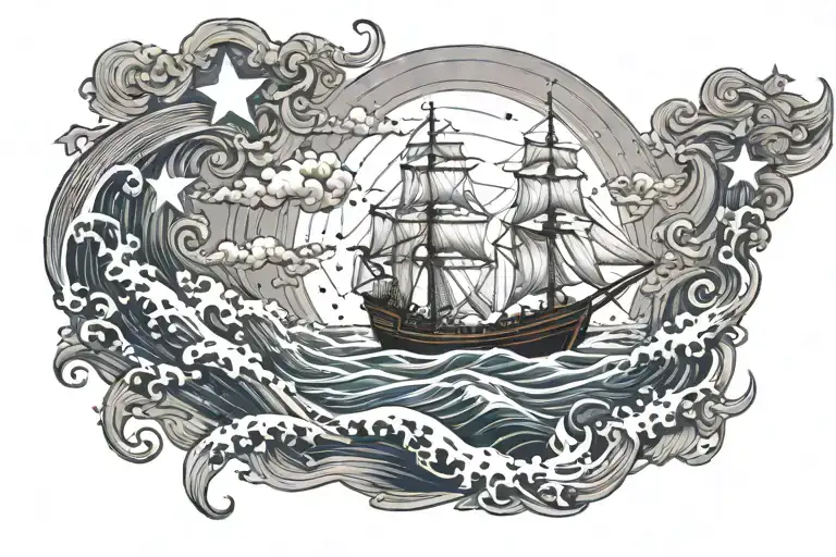 burning ship and a bright star in the waves tattoo design idea