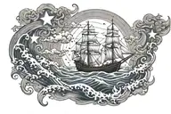 burning ship and a bright star in the waves tattoo design idea