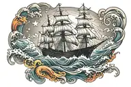 burning ship and a bright star in the waves tattoo design idea