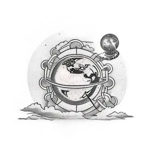 globe in flames and underneath a chain breaking and between the broken chain writing HTP tattoo design idea