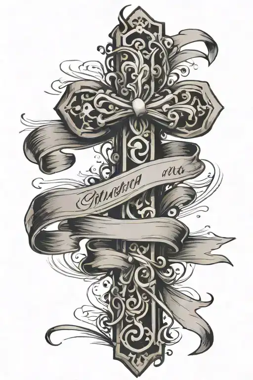Cross with a ribbon with the Name John Andrew Moore on the ribbon tattoo design idea