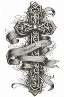 Cross with a ribbon with the Name John Andrew Moore on the ribbon tattoo design idea